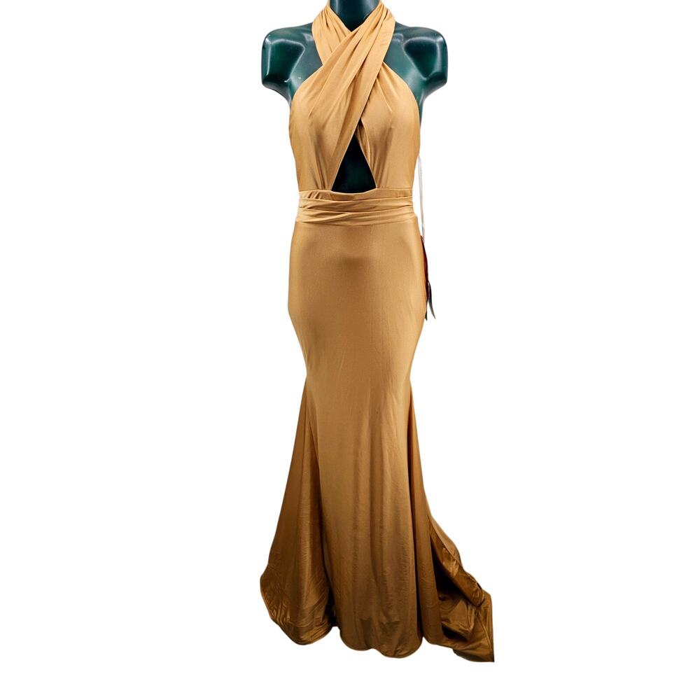 Terani Couture Cross Halter Cut Out Gold Tan Evening Mermaid Gown Maxi Dress 4